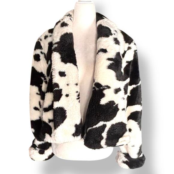Vintage 90s Black White Western Coat Cow Print Cropped Fleece Faux Fur Jacket - Picture 10 of 10